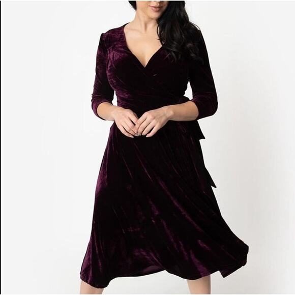 Unique Vintage Dresses & Skirts - Unique Vintage 1940s Style Eggplant Purple Velvet Kelsie Wrap Dress Sz L 10 12